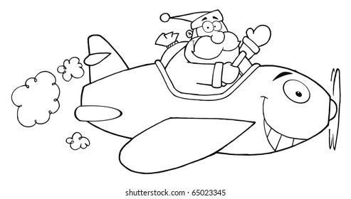 Outlined Santa Flying With Christmas Plane