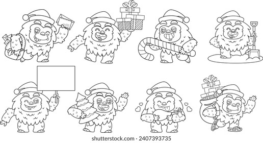 Outlined Santa Yeti Bigfoot Cartoon Character In Different Poses. Vector Hand Drawn Collection Set Isolated On Transparent Background