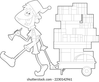 Outlined Santa's Little Elf Helper Cartoon Character Pulls A Cart With Gift Boxes. Vector Hand Drawn Illustration Isolated On Transparent Background
