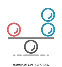 Outlined scales weighing one red sphere and two blue ones with shadow. Balance, comparison, competition, quality, value and choice concept. Flat line style. EPS 8 vector illustration, no transparency