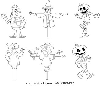 Outlined Scarecrow Cartoon Characters. Vector Hand Drawn Collection Set Isolated On Transparent Background