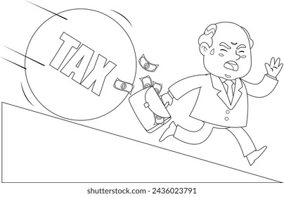 Outlined Scared Business Boss Man Cartoon Character Running Away From Big Ball Tax. Vector Hand Drawn Illustration Isolated On Transparent Background