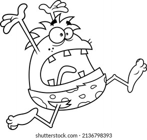 Outlined Scared Caveman Cartoon Character Running. Vector Hand Drawn Illustration Isolated On White Background