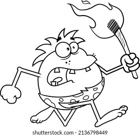 Skizzierte Cartoon Cartoon Cartoon Cartoon Caveman, der mit einem Fackel läuft. handgezeichnete Vektorgrafik einzeln auf weißem Hintergrund