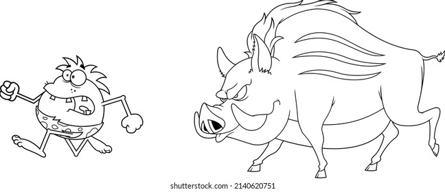 Outlined Scared Caveman  Escape From Angry Giant Wild Boar Cartoon Characters. Vector Hand Drawn Illustration Isolated On White Background
