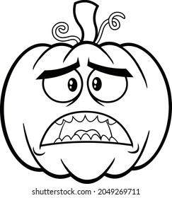 Outlined Scared Halloween Pumpkin Cartoon Emoji Face Character With Sad Expression. Vector Hand Drawn Illustration Isolated On White Background