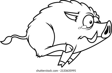 Outlined Scared Little Wild Boar Cartoon Character Running. Vector Hand Drawn Illustration Isolated On White Background