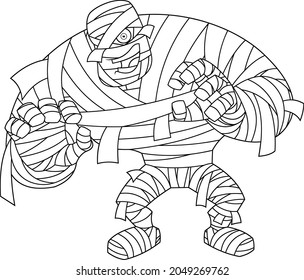 Outlined Scary Mummy Cartoon Character Attacking With Hands Up. Vector Hand Drawn Illustration Isolated On Transparent Background