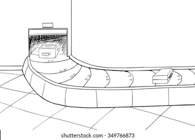 Outlined scene of two suitcases in baggage claim area