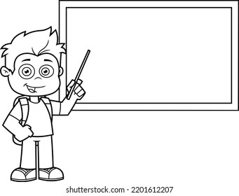 Outlined School Boy Cartoon Character Pointing To Chalk Board. Vector Hand Drawn Illustration Isolated On Transparent Background