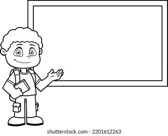 Outlined School Boy Cartoon Character With Textbooks Pointing To Chalk Board. Vector Hand Drawn Illustration Isolated On Transparent Background