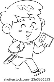 Un Personaje De Caricatura Escolar Esbozado Va A La Escuela Con Una Mochila Y Un Libro De Texto. Ilustración dibujada a mano vectorial aislada en fondo transparente