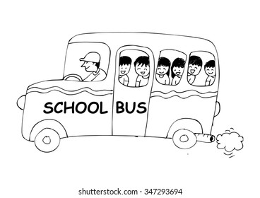 Outlined School Bus With Happy Children