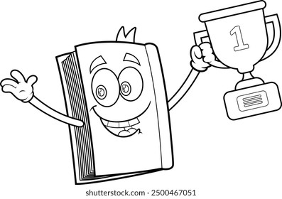 Outlined School Textbook Cartoon Character Holding A Gold Cup Trophy. Vector Hand Drawn Illustration Isolated On Transparent Background