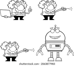 Outlined Science Professor Cartoon Character Poses. Vector Hand Drawn Collection Set Isolated On White Background