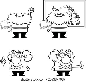 Outlined Science Professor Cartoon Character Poses. Vector Hand Drawn Collection Set Isolated On White Background