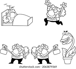 Outlined Science Professor Cartoon Character Poses. Vector Hand Drawn Collection Set Isolated On White Background