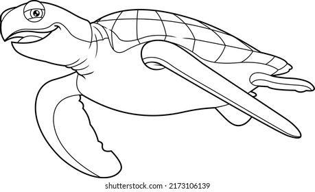 Outlined Sea Turtle Cartoon Character. Vector Hand Drawn Illustration Isolated On White Background