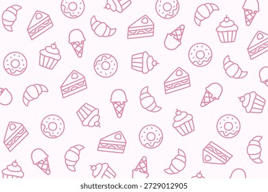 Patrón sin fisuras delineado de cupcakes, donuts, croissants, rebanadas de pastel y helado sobre fondo rosa claro. Ideal para diseños de postres lindos, marca pastel y dulces visuales de fiesta.