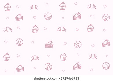 Umrissenes, nahtloses Muster aus Cupcakes, Donuts, Croissants und Kuchenscheiben auf hellrosa Hintergrund. Ideal für niedliche Pastelldesigns, süße Einladungen und feminine Markenbildung.
