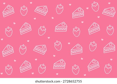 Outlined seamless pattern of strawberry shortcake slices with strawberries on bright pink background. Great for vibrant bakery designs, playful backgrounds, and dessert marketing.
