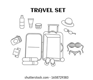 Esbozado conjunto de elementos esenciales para el viaje. Se puede utilizar en la web o en revistas y catálogos. Ilustración vectorial aislada en fondo blanco.