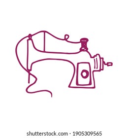 Outlined sewing machine in purple against a white backdrop, ideal for craft-related designs, sewing tutorials, or creative projects. Discover this simplistic and adaptable vector illustration.