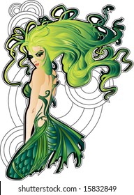outlined sexy mermaid with bubble deco design vector illustration