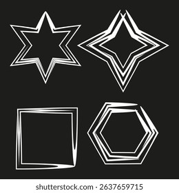 Outlined shape design. Star square hexagon. White lines on black. Vector symmetry.