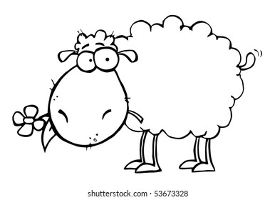 Outlined Sheep Carrying A Flower In Its Mouth