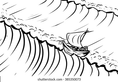 Outlined ship riding tidal waves in deep ocean
