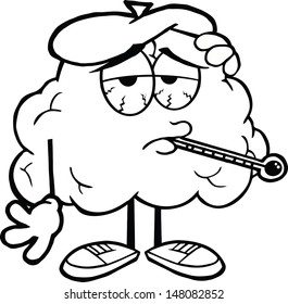 Outlined Sick Brain Cartoon Character With Thermometer