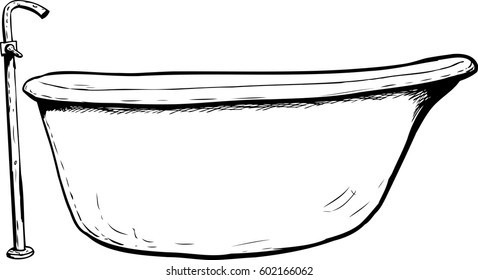 Outlined side view on cartoon luxury bathtub with faucet