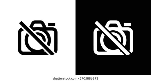 Outlined silhouette of a camera crossed with a line on split black and white background. Symbol for no photography allowed in the area.