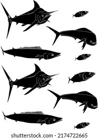 Outlined Silhouette Pelagic Deep Water Fishes