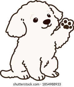 Outlined simple and adorable white Maltese dog sitting and waving hand illustration