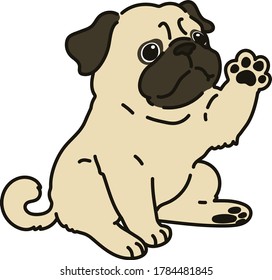 Outlined simple and cute pug sitting and waving hand