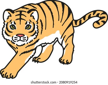 Outlined simple tiger walking and approaching illustration