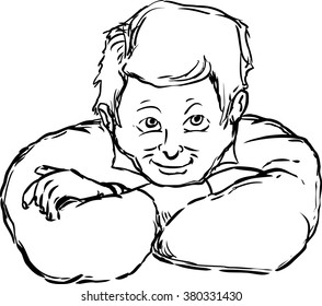 Outlined single European man with folded arms over white background
