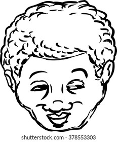 Outlined single isolated head of grinning middle aged Black man looking over