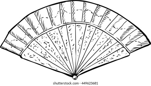 Outlined sketch of single open 18th century hand fan over white background