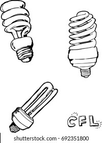 Outlined sketches of compact fluorescent light bulbs over white background