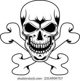 Outlined Skull With Crossbones Pirate Symbol Graphic Logo Design. Vector Hand Drawn Illustration Isolated On Transparent Background