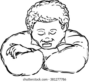 Outlined sleeping adult African male with chin resting on folded arms on isolated background