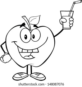Outlined Smiling Apple Cartoon Character Holding A Glass With Drink