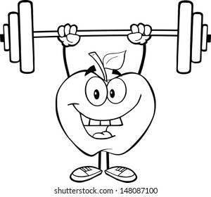 Outlined Smiling Apple Cartoon Character Lifting Weights