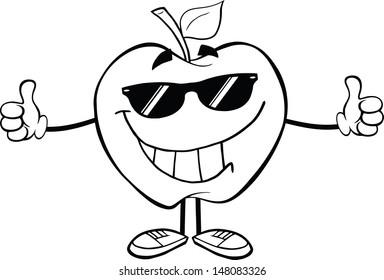 Outlined Smiling Apple Character With Sunglasses Giving A Thumb Up