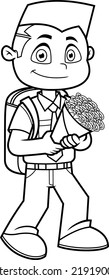 Outlined Smiling Boy Cartoon Character Goes To School Carrying A Bouquet Of Flowers. Vector Hand Drawn Illustration Isolated On Transparent Background