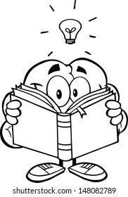 Outlined Smiling Brain Cartoon Character Reading A Book Under Light Bulb