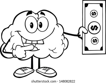Outlined Smiling Brain Character Showing A Dollar Bill